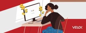 An illustration of a woman sitting in front of a computer screen looking at Google with dollar signs nearby