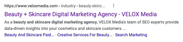 Google search results showing URL, title, and meta description for VELOX Media’s Beauty and skincare Marketing landing page