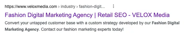 Google search results showing the URL, title, and meta description for VELOX Media’s Fashion Marketing landing page