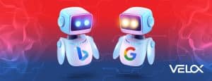 Two robots: one with a Bing icon, one with a Google icon.