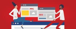 Two people holder web browser images together to symbolize SEO and PPC working together.