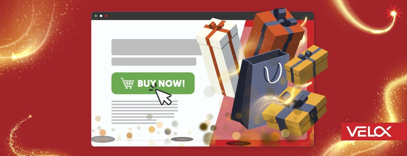 Image of an online ad with gift wrapped boxes and a green buy now button.