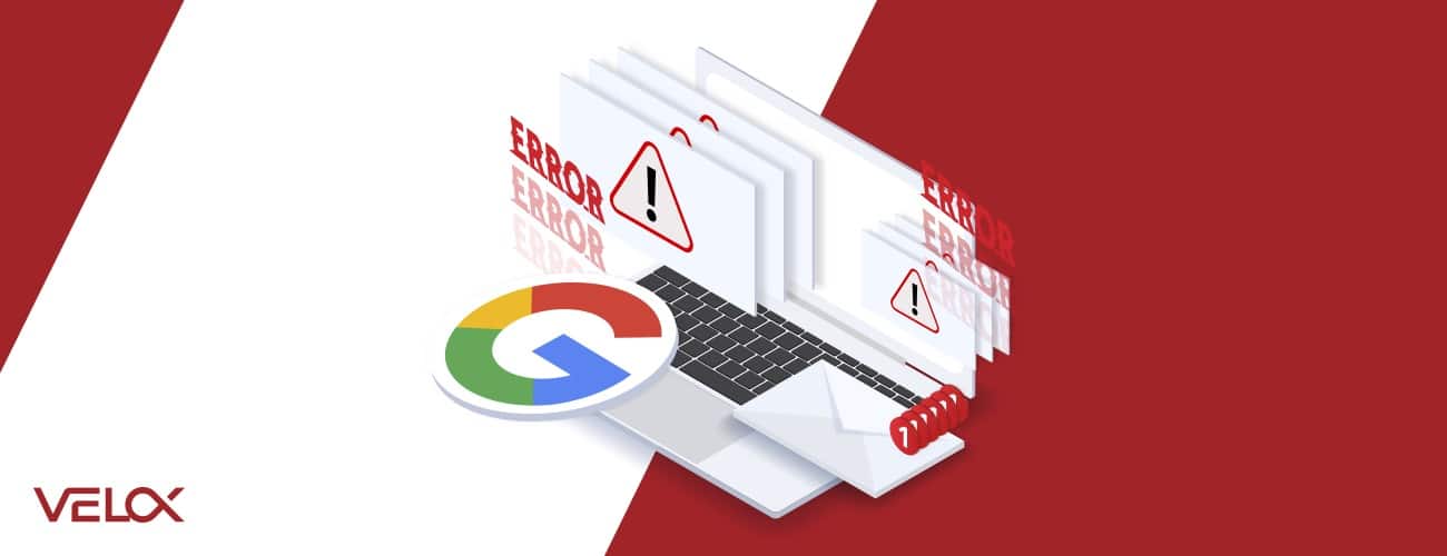 Image depicting possible errors and glitches online. This image show a laptop and the Google logo along with the word Error.